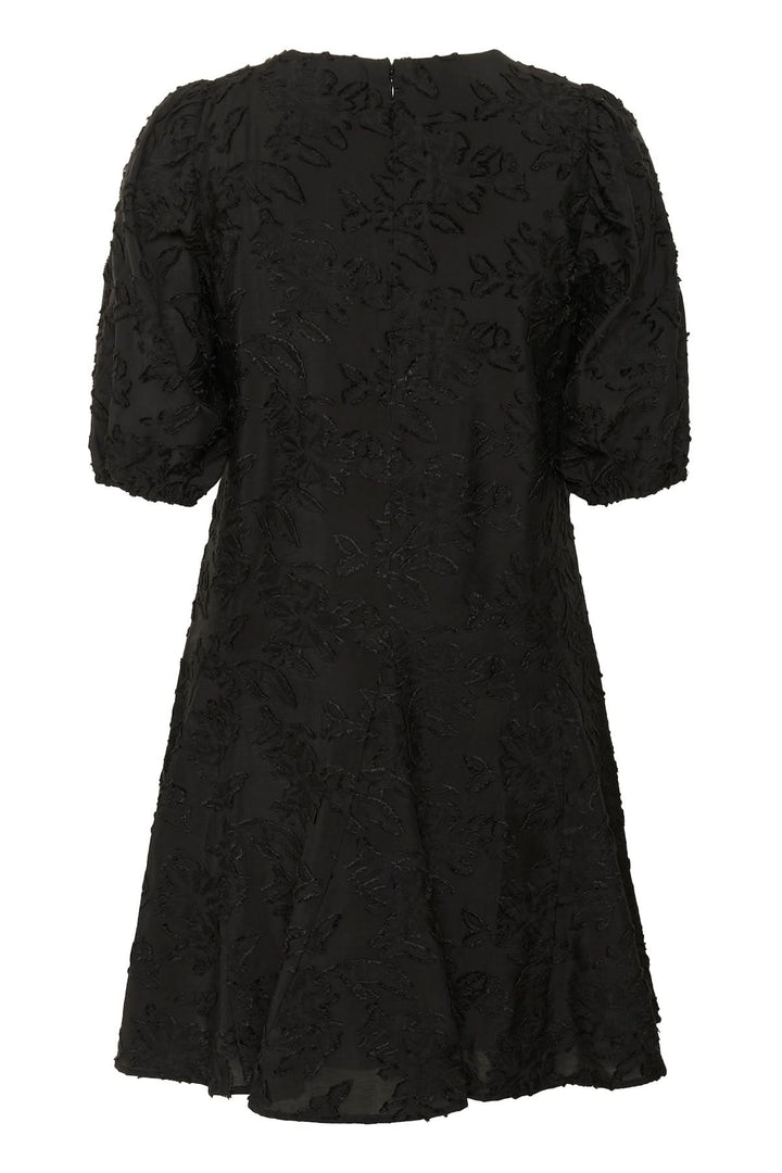 Robe Vilhelmina en dentelle à manches bouffantes, élégante robe noire avec motif floral et manches bouffantes mi-bras.