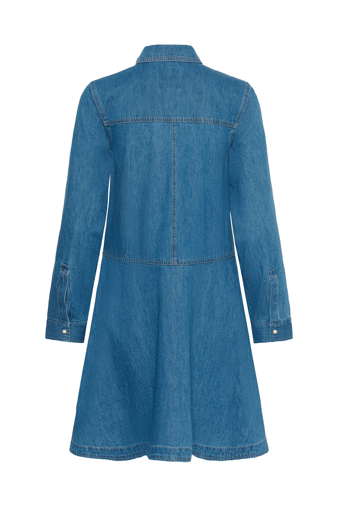 Robe chemise Augustine en denim bleu au style décontracté avec coupe évasée et manches longues.