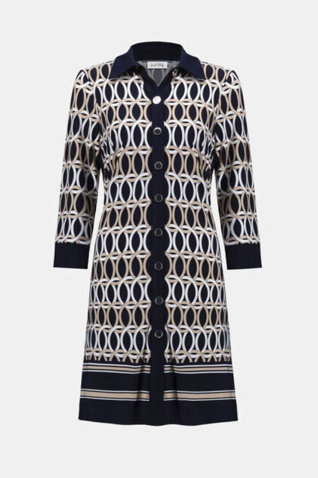 Robe chemisier imprimée graphique à motif structuré avec boutons classiques pour une silhouette élégante et polyvalente.