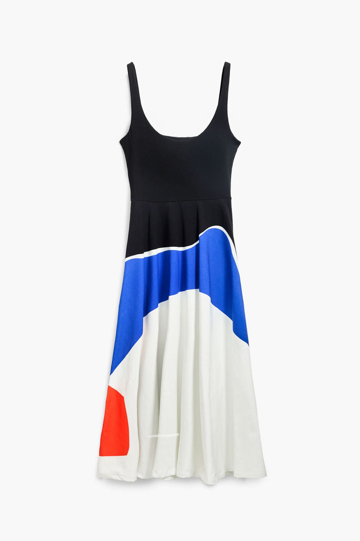Robe à jupe évasée, col rond, bretelles délicates, imprimé coloré, style estival, coupe régulière.
