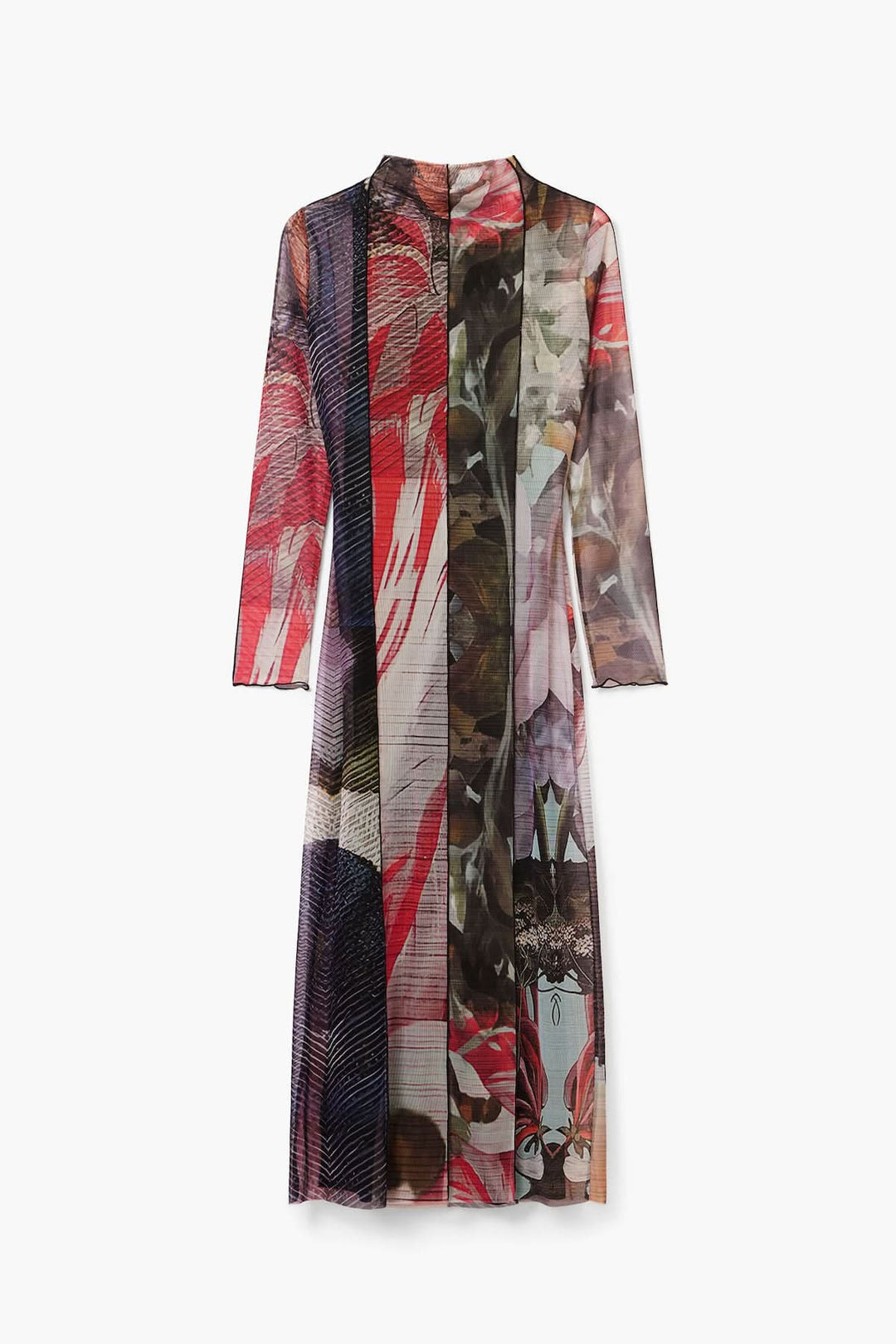 Robe longue en tulle à manches longues avec imprimé floral et col ras du cou, style délicat et romantique.
