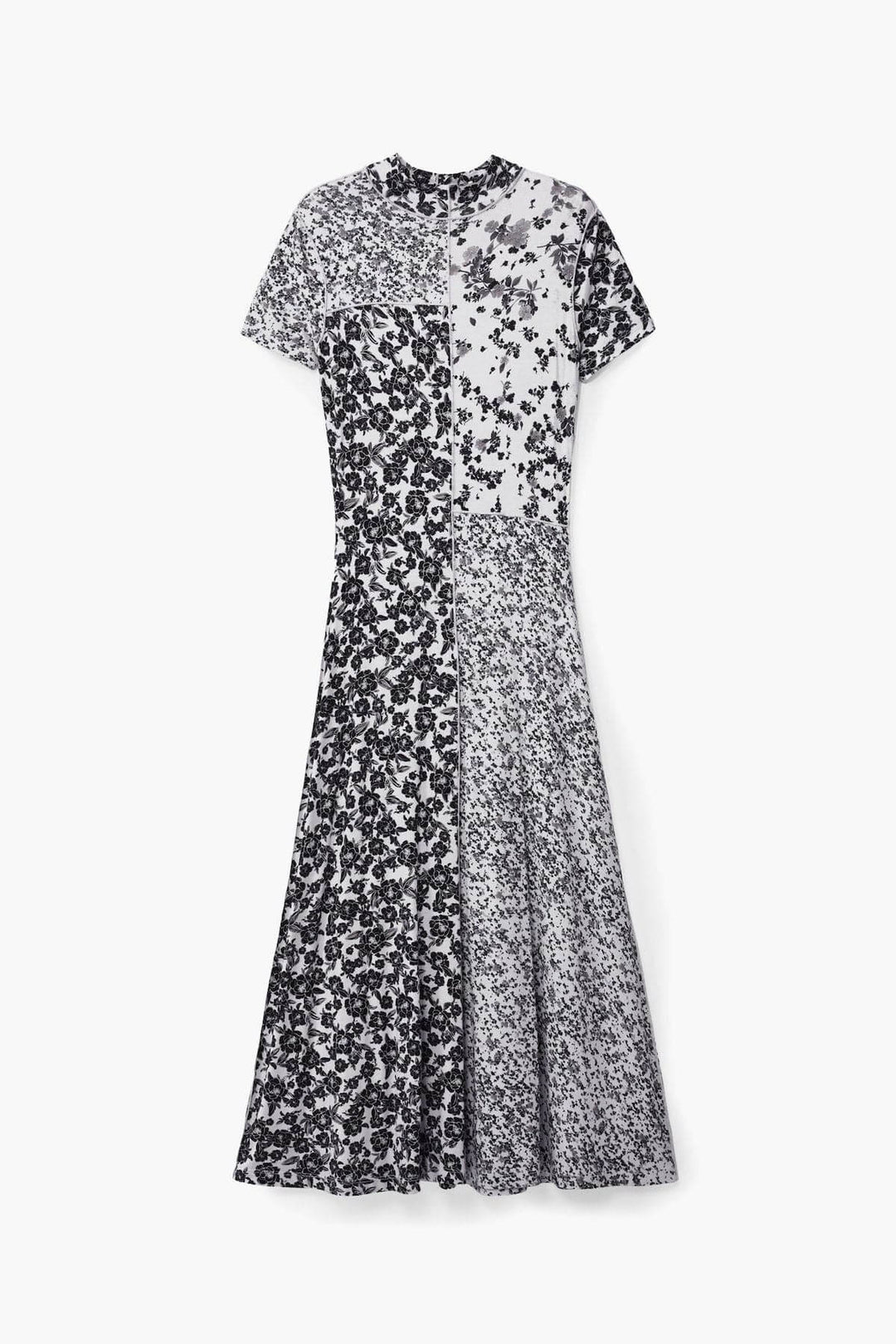 Robe longue midi à manches courtes, imprimé floral en noir et blanc, élégante et confortable, parfaite pour le printemps.