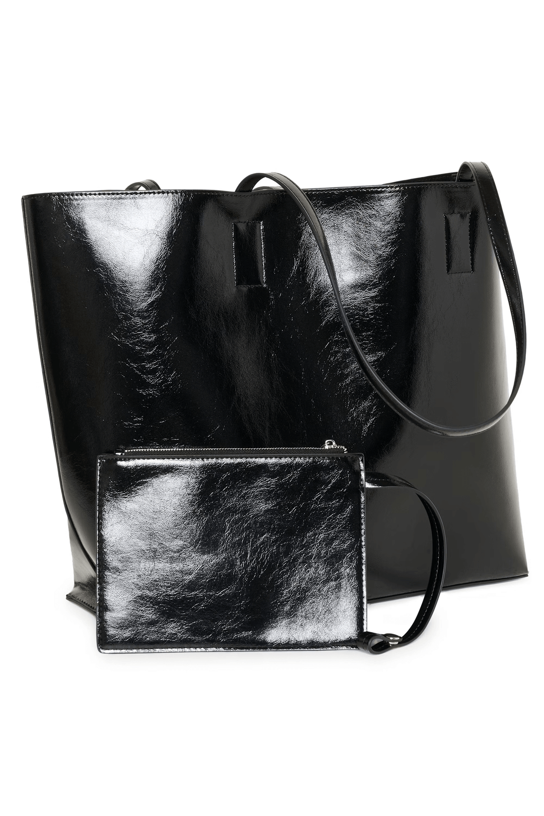 Sac Schila - grand cabas noir lustré avec pochette assortie amovible, idéal pour tenues de travail et looks décontractés.