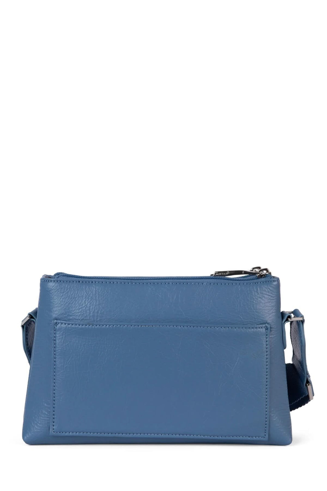 Sac à mains Indie bleu compact avec deux compartiments zippés et bretelle ajustable.
