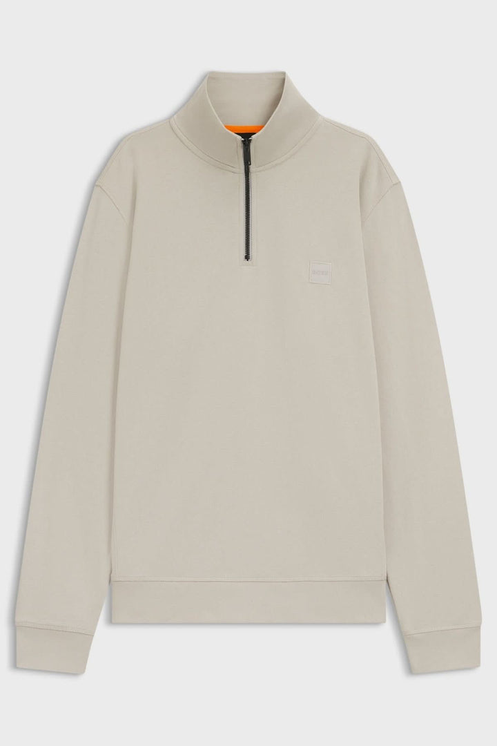 Sweatshirt à demi-zip en coton éponge BOSS pour homme avec col montant et patch logo discret, style décontracté et moderne.