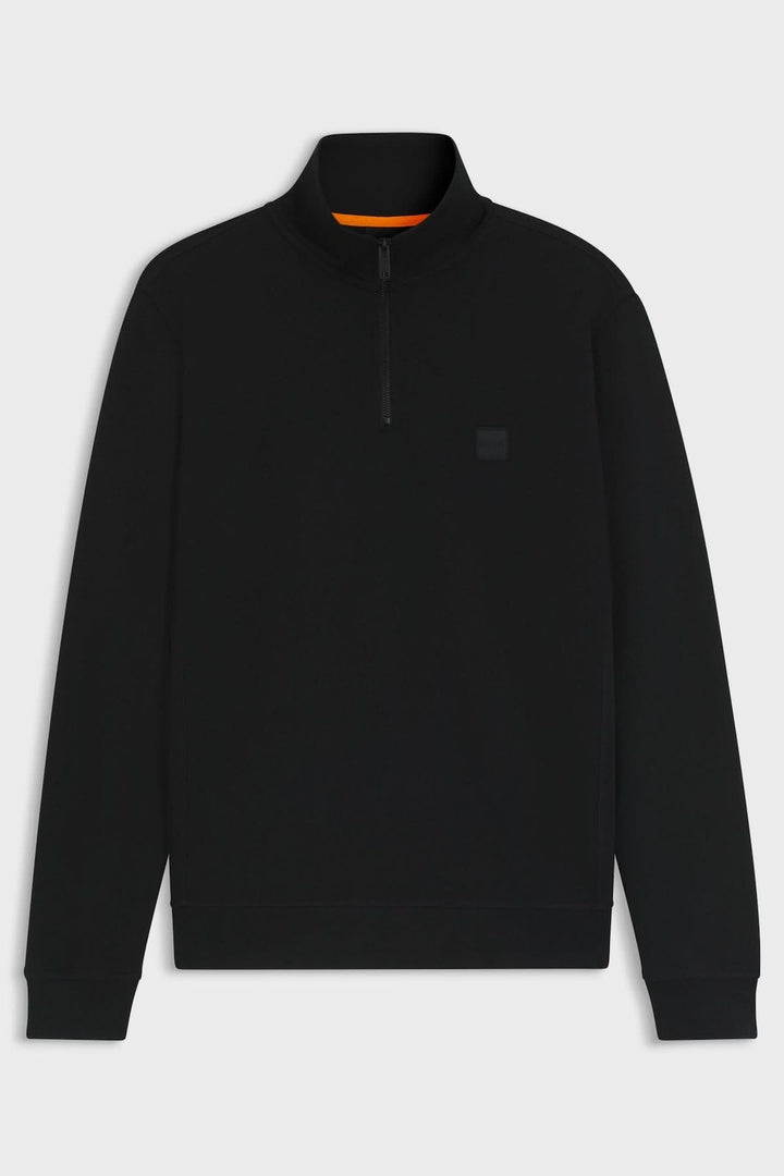 Sweatshirt à demi-zip en coton éponge BOSS, col montant, coupe régulière, manches longues, patch logo discret, chic et confortable.