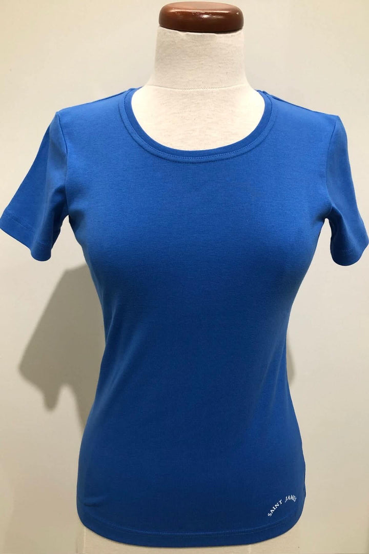 T-shirt AJACCIO II en bleu, coupe ajustée, manches courtes, sérigraphie 'Saint James', en 100% coton.