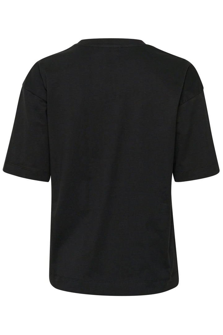 T-shirt noir à manches courtes, col rond, coupe ample, vue arrière, style décontracté, idéal pour un look quotidien.