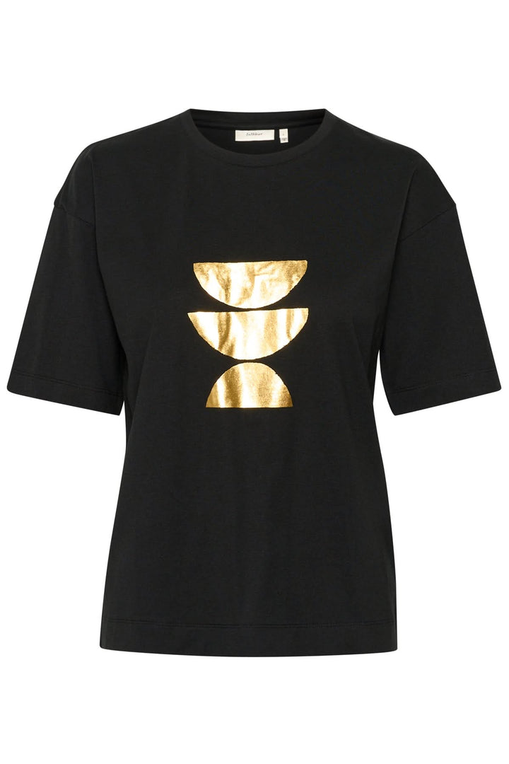 T-shirt Collen noir en coton avec imprimé doré sur le devant, coupe ample et manches courtes.