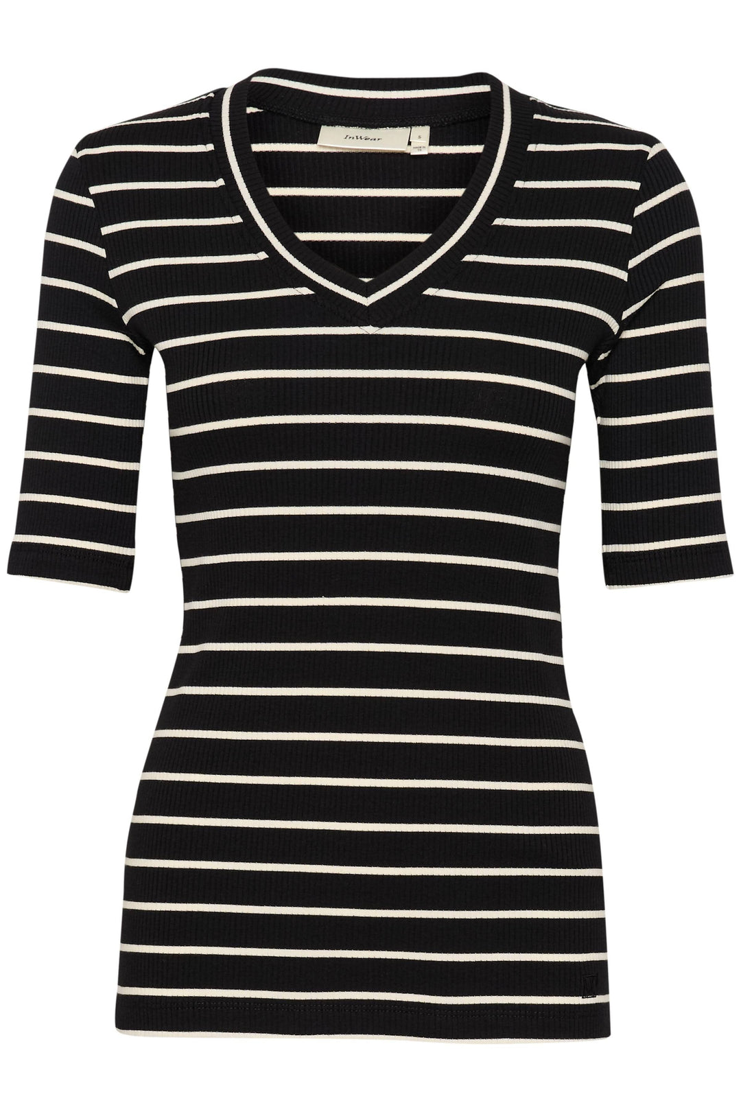 T-shirt Dagna à rayures noires et blanches, coupe ajustée avec manches 1/2 et encolure en V.