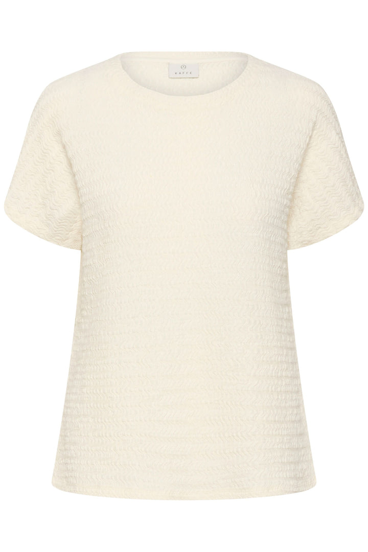 T-shirt Felecity texturé à manches courtes, couleur crème, avec tissu texturé, manches courtes et encolure ronde.