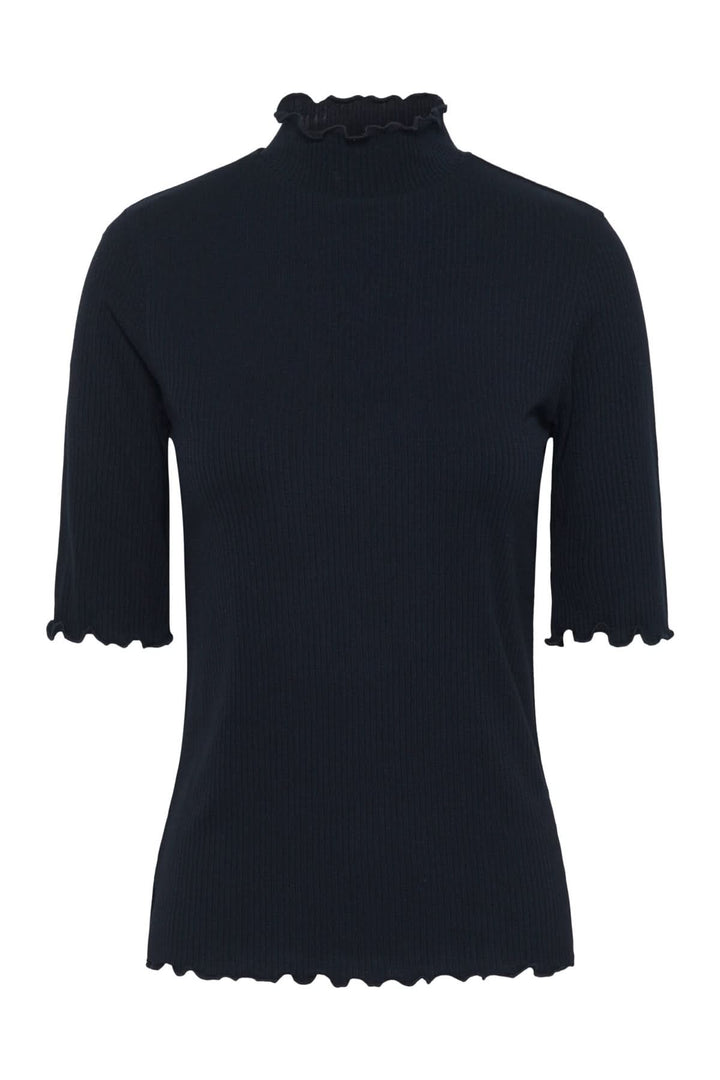 T-shirt Ribba à manches mi-longues avec col montant festonné en maille côtelée noire, style ajusté et polyvalent.