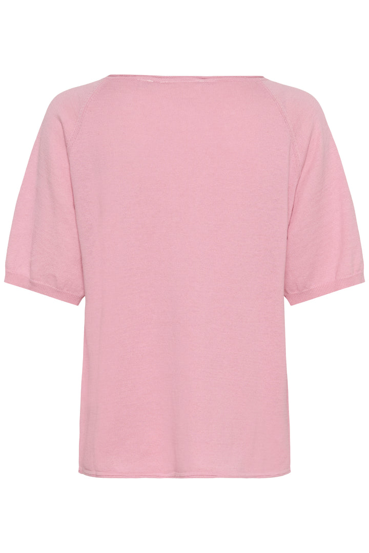 Vue arrière du T-shirt Romane rose à manches amples et encolure en V, style décontracté et simple pour un look quotidien.