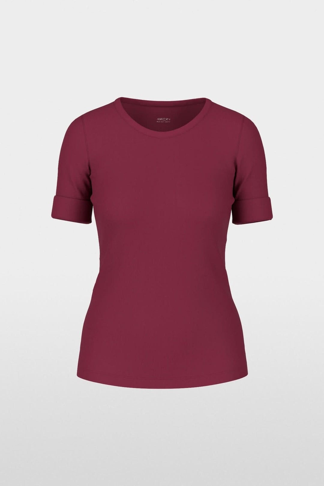 T-shirt ajusté en coton stretch avec manches mi-longues retroussées, encolure ronde, couleur bordeaux.