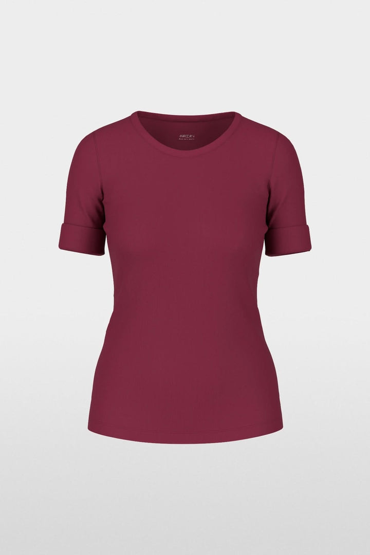 T-shirt ajusté en coton stretch avec manches mi-longues retroussées, encolure ronde, couleur bordeaux.