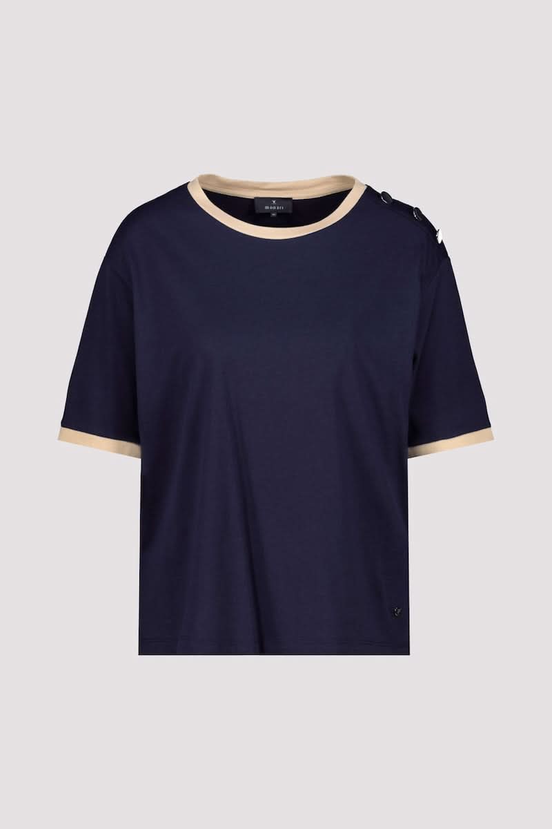 T-shirt à boutons décoratifs sur l’épaule avec finitions contrastantes, jersey bleu marine