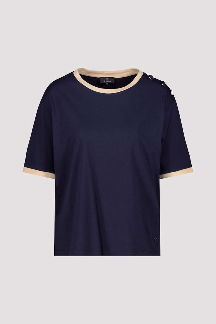 T-shirt à boutons décoratifs sur l’épaule avec finitions contrastantes, jersey bleu marine