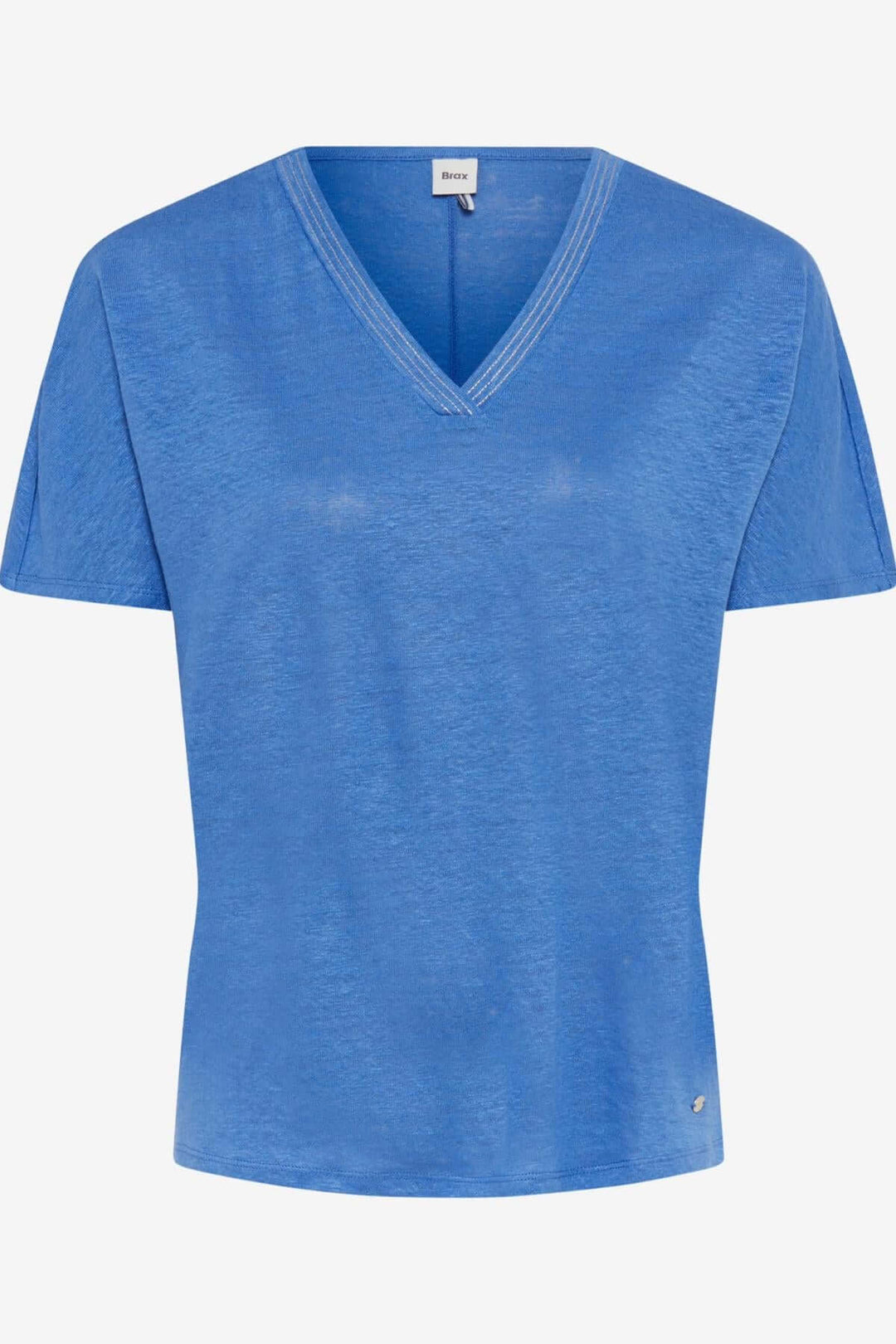 T-shirt col V femme CAELEN en lin bleu, avec épaules tombantes et couture décorative.