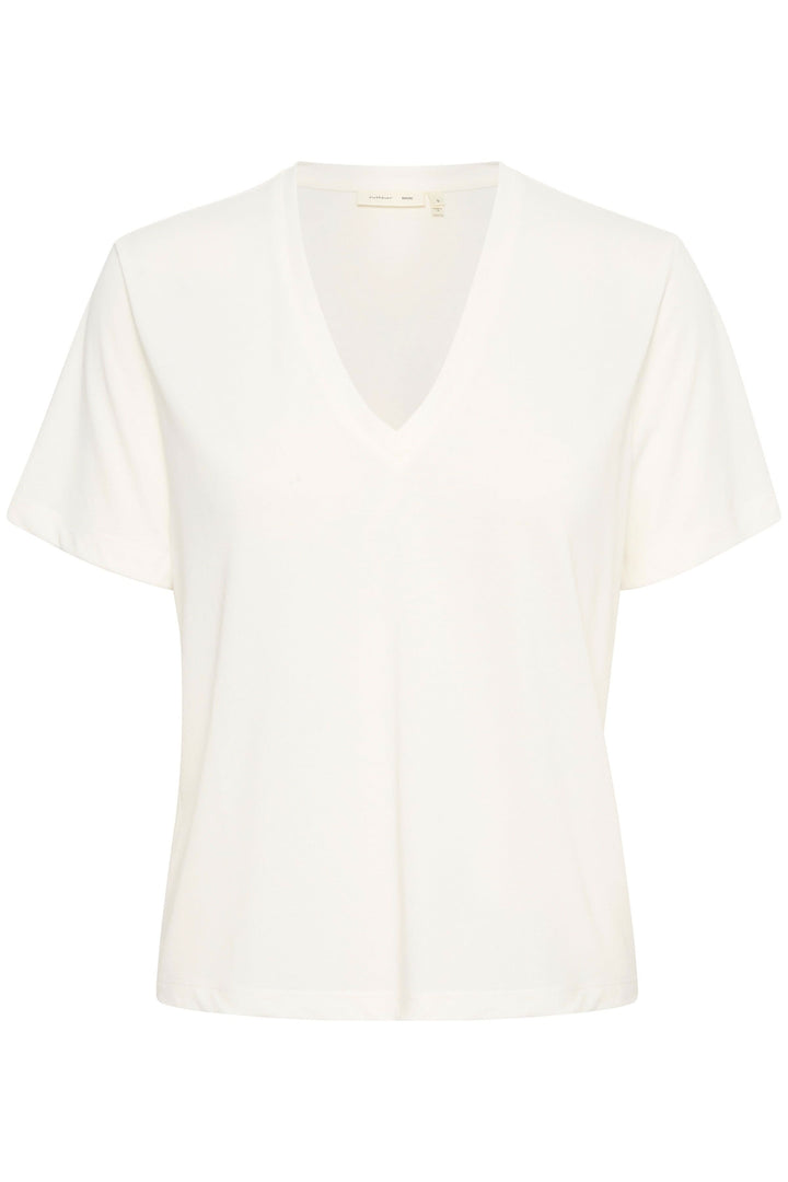 T-shirt col en V Liliana blanc, manches courtes, coupe fluide et tissu doux pour un confort quotidien.