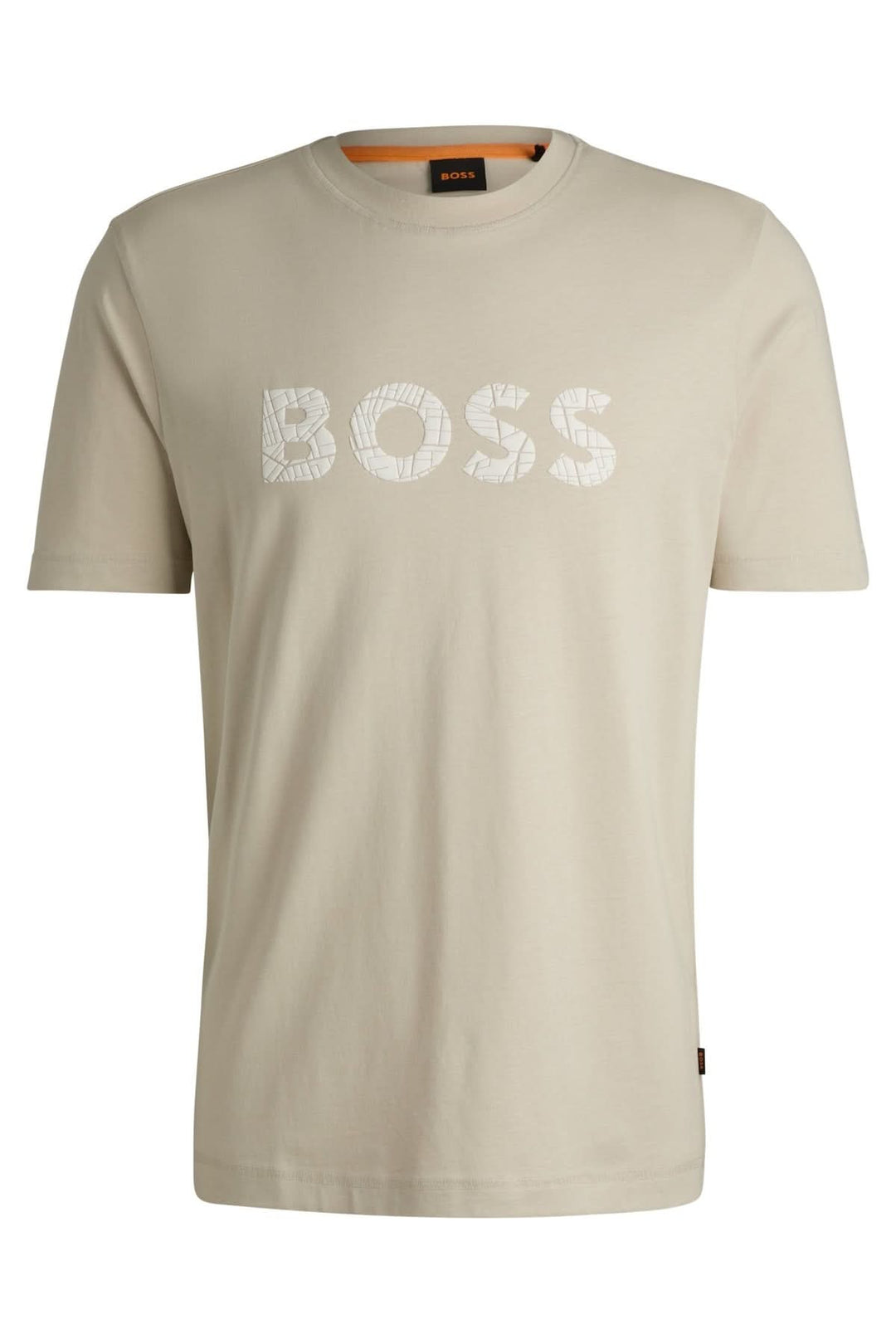 T-shirt BOSS en coton, coupe régulière, logo texturé en relief, col rond et manches courtes, couleur beige.