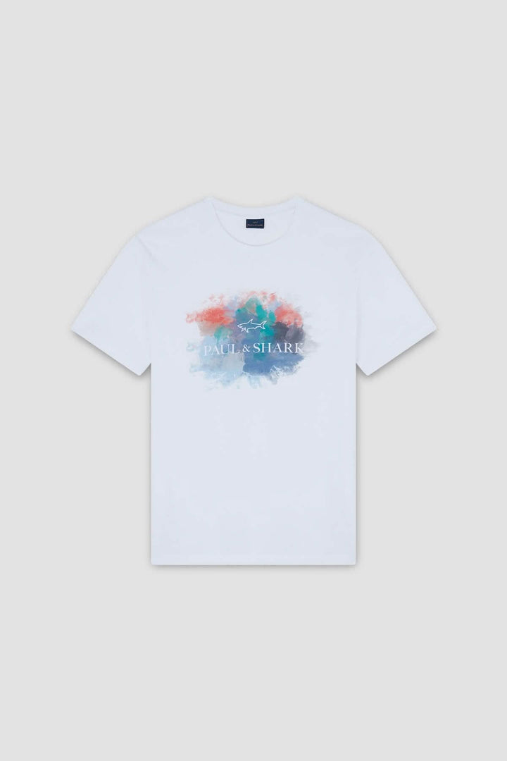 T-shirt en coton blanc avec imprimé aquarelle multicolore de la marque Paul &amp; Shark.