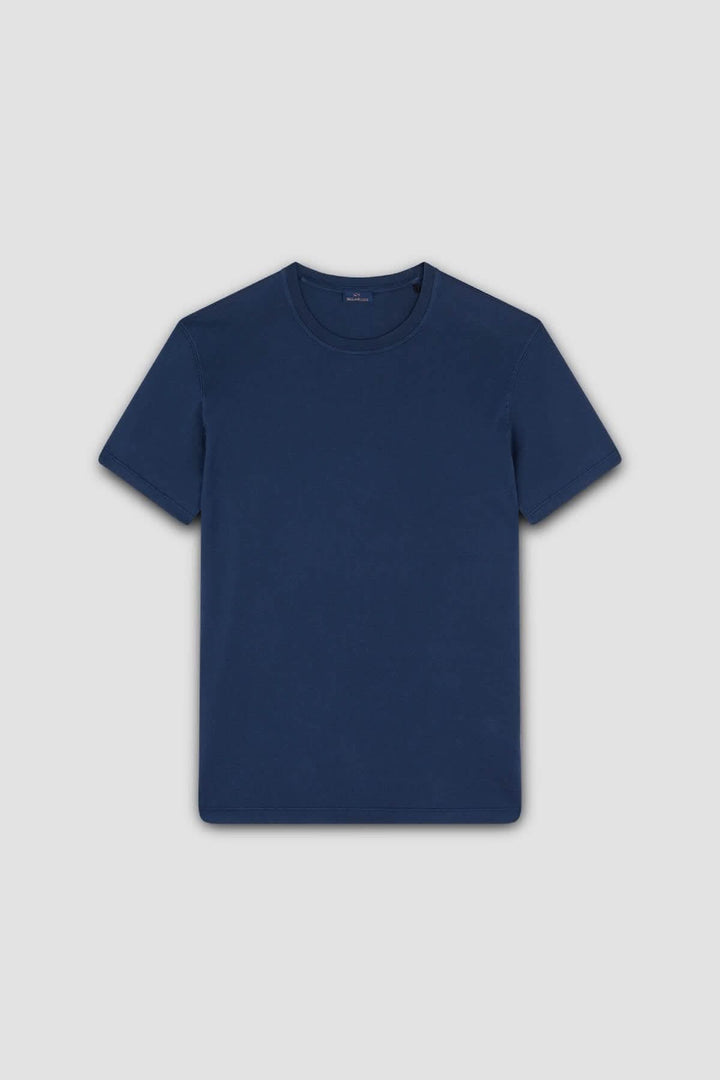 T-shirt en coton uni bleu marine, design minimaliste et logo brodé, idéal pour un style décontracté.