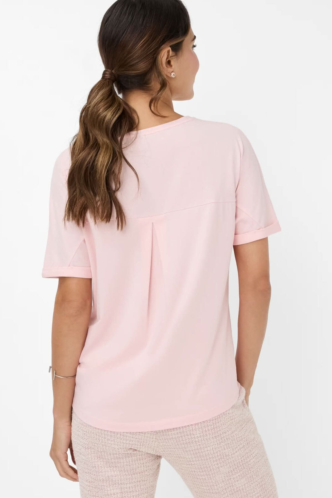 T-shirt en jersey Caelen rose avec coupe ample et épaules tombantes, vue arrière.