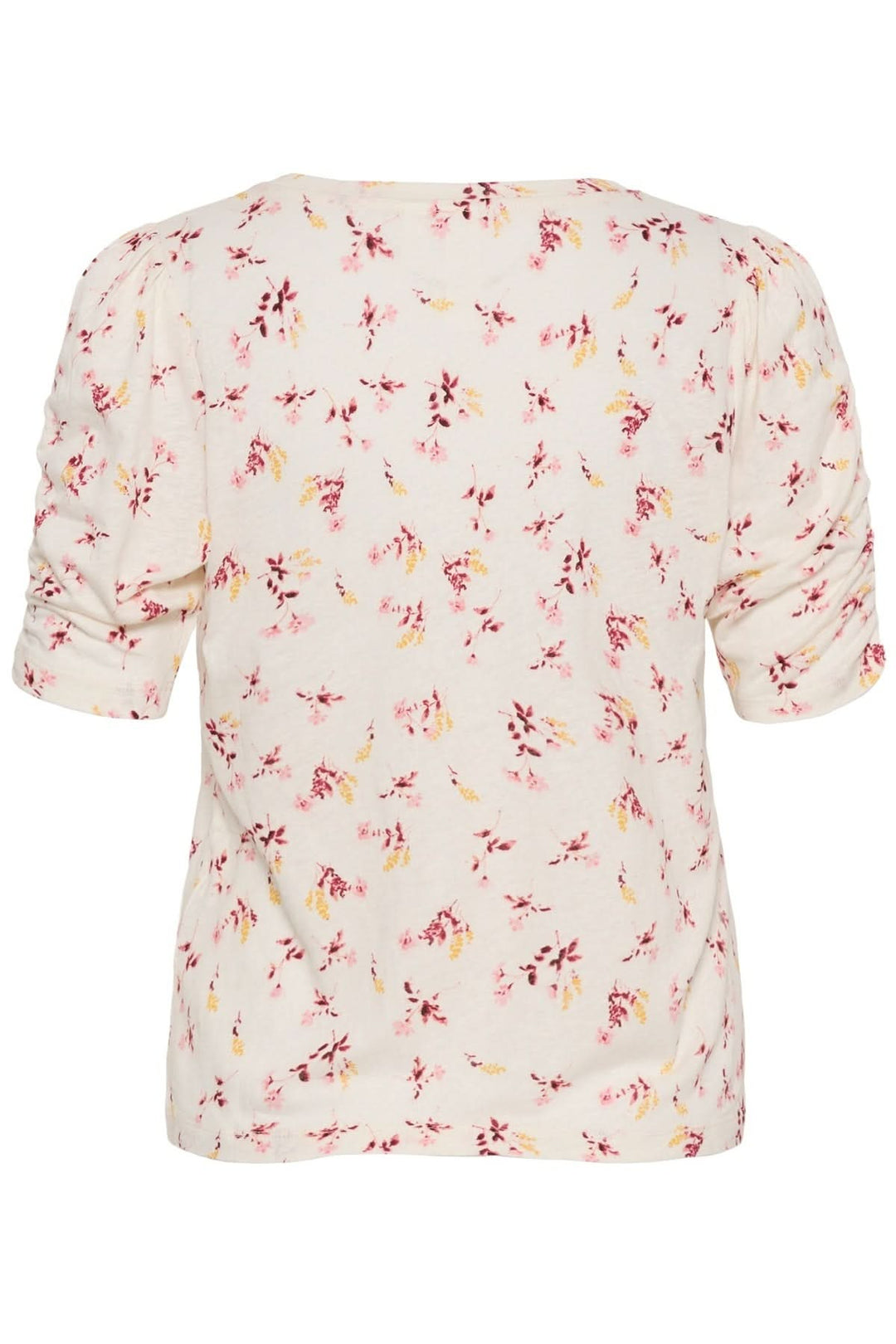 Vue arrière du T-shirt imprimé floral Brizette avec manches courtes légèrement froncées et tissu léger.