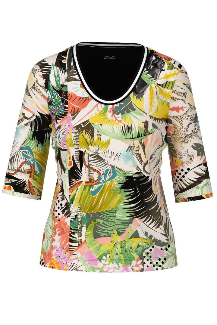 T-shirt imprimé jungle en coton avec manches 3/4 et motifs colorés de style bande dessinée.