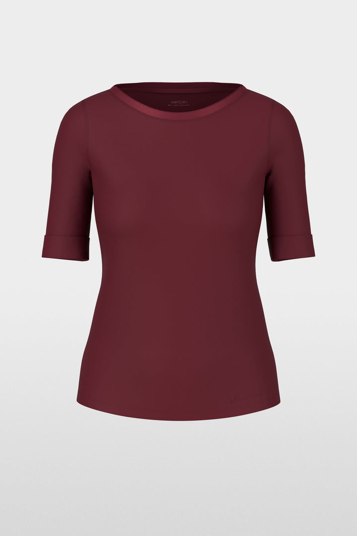T-shirt manches courtes bordeaux avec encolure ronde et manches retroussées, coupe polyvalente et intemporelle pour toutes tenues.