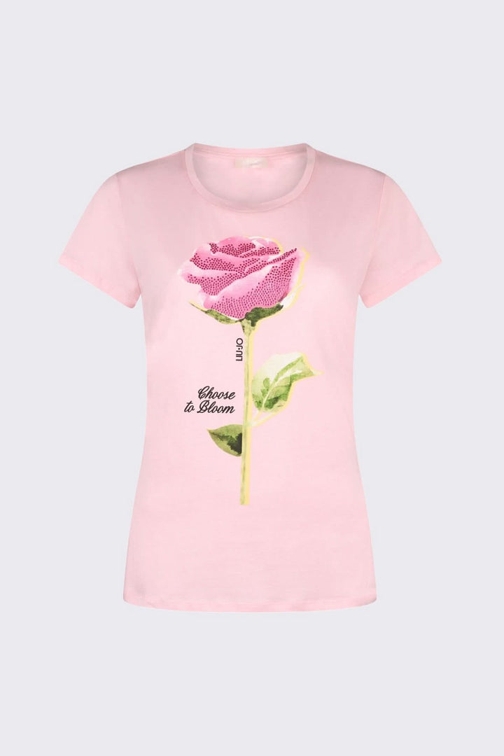 T-shirt à manches courtes avec imprimé graphique de rose, couleur rose, encolure ronde, style décontracté et féminin.