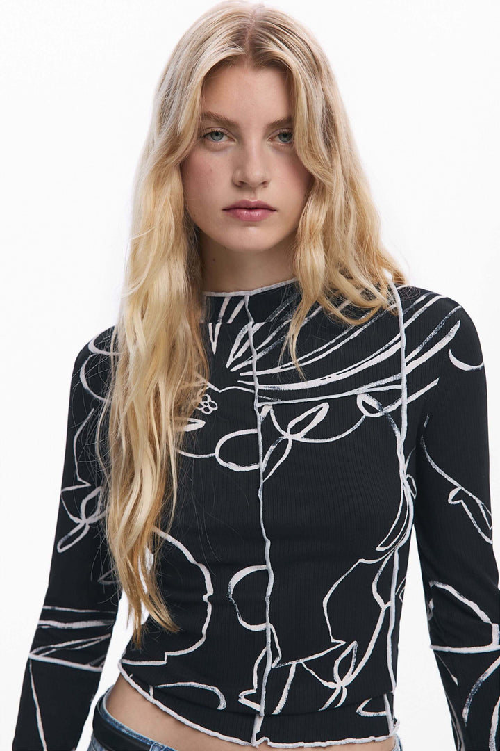 T-shirt silhouettes vases avec manches longues et imprimé artistique, style urbain et moderne pour un look tendance.