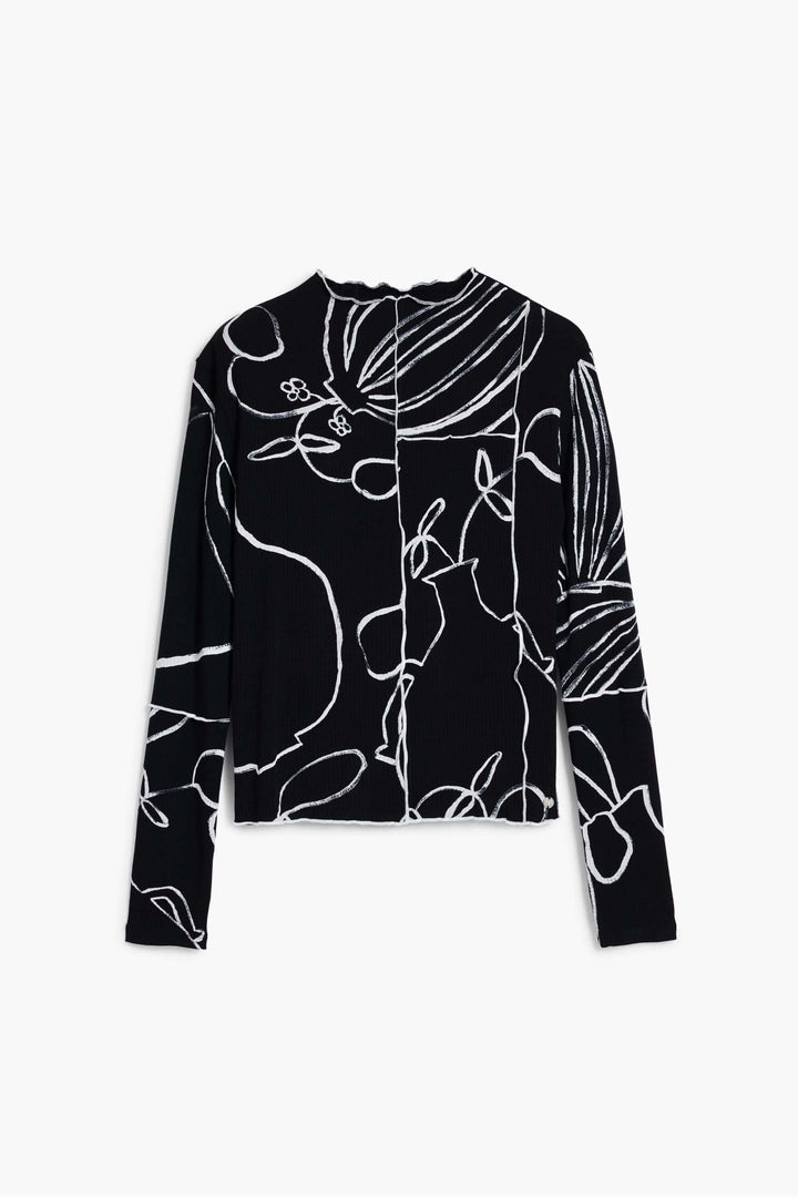 T-shirt silhouettes vases à manches longues avec imprimé artistique et coutures contrastantes, coupe ajustée tendance pour look urbain.