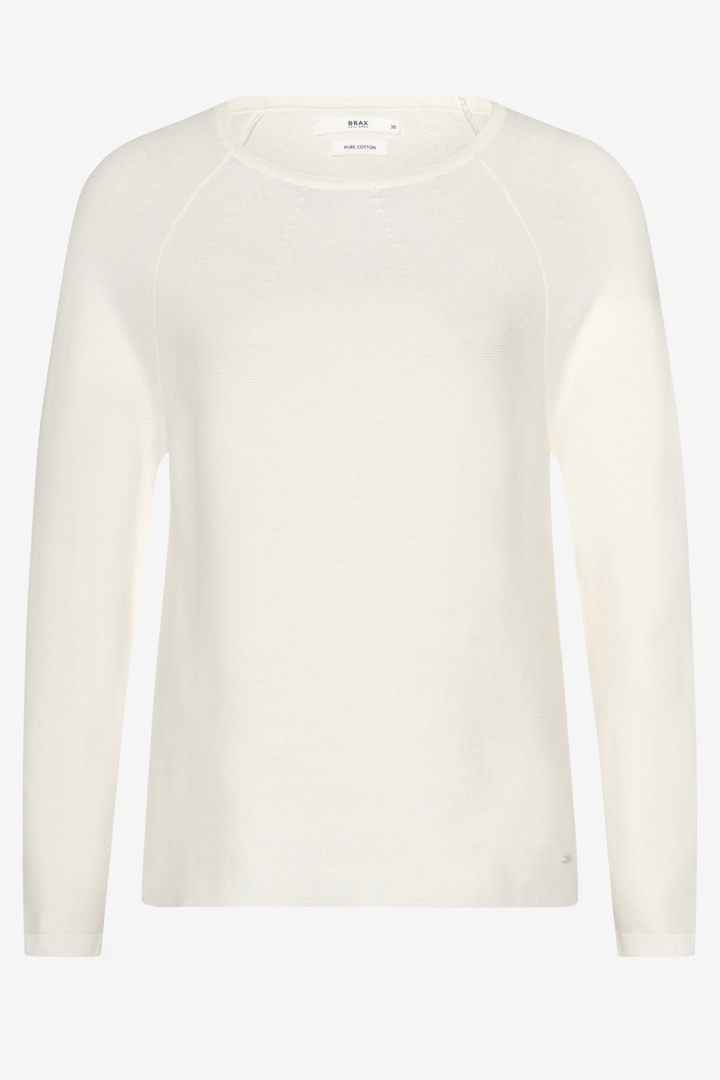 Tricot col rond Lesley en blanc, maille fine, style décontracté pour l'automne, confortable et élégant.