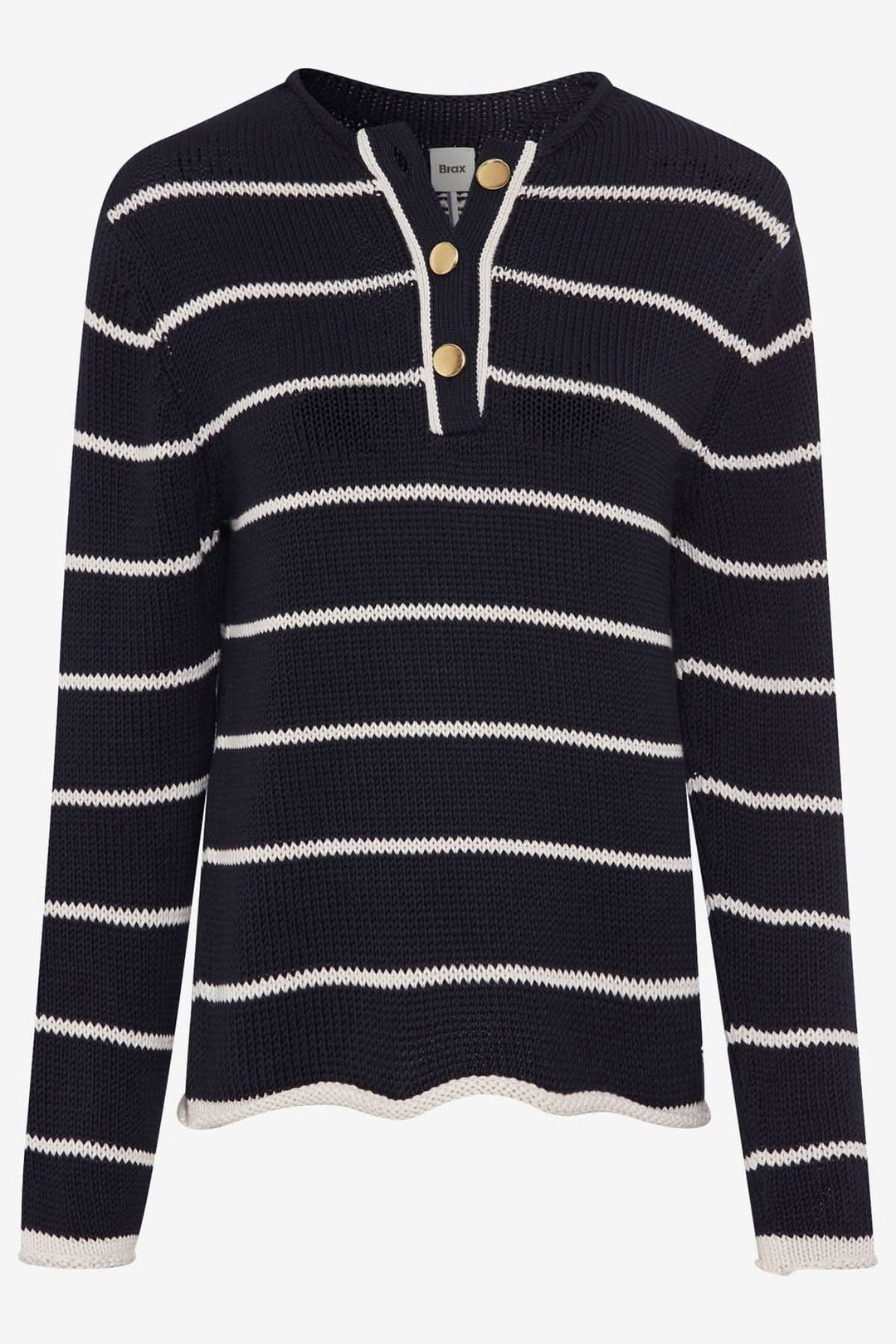 Pull en coton Lesley de Brax, à rayures horizontales, col rond, avec boutons dorés décoratifs.