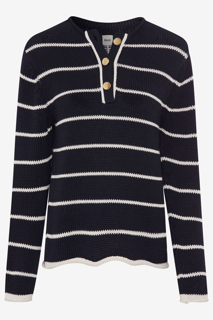 Pull en coton Lesley de Brax, à rayures horizontales, col rond, avec boutons dorés décoratifs.
