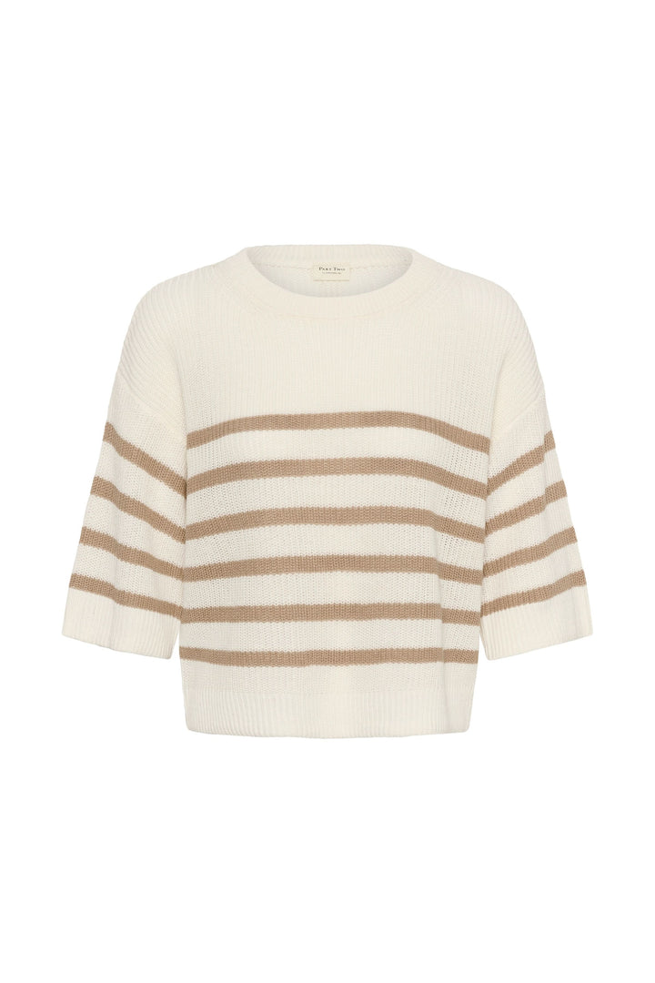 Tricot lin et coton Aliza à manches courtes avec motif rayé, coupe décontractée idéale pour mi-saison.