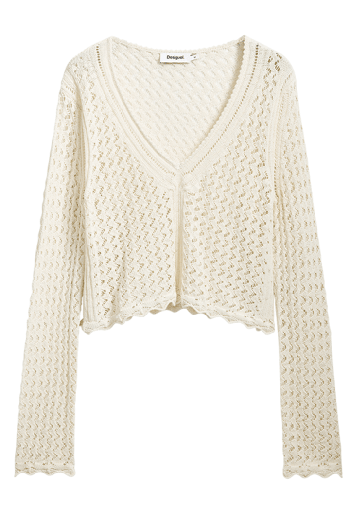 Tricot à motif ondulé, encolure en V, manches longues, tissu ajouré, couleur beige, idéal pour superposer.