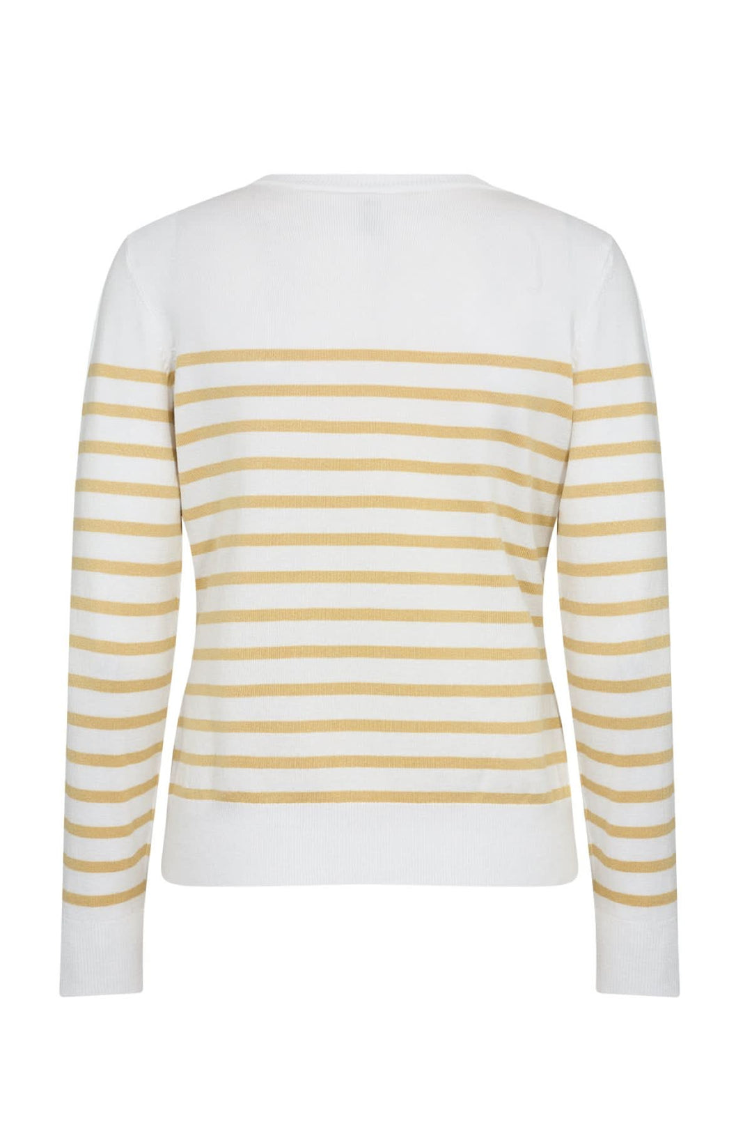 Tricot rayé blanc et jaune à encolure ronde, dos uni avec rayures horizontales, élégant et confortable.
