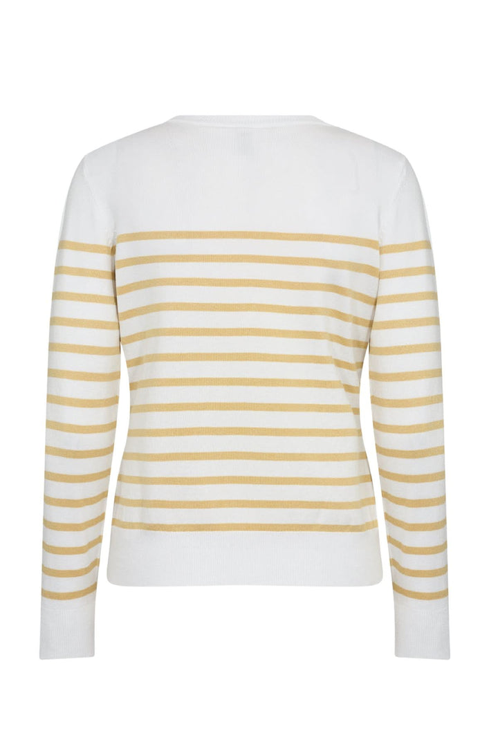 Tricot rayé blanc et jaune à encolure ronde, dos uni avec rayures horizontales, élégant et confortable.