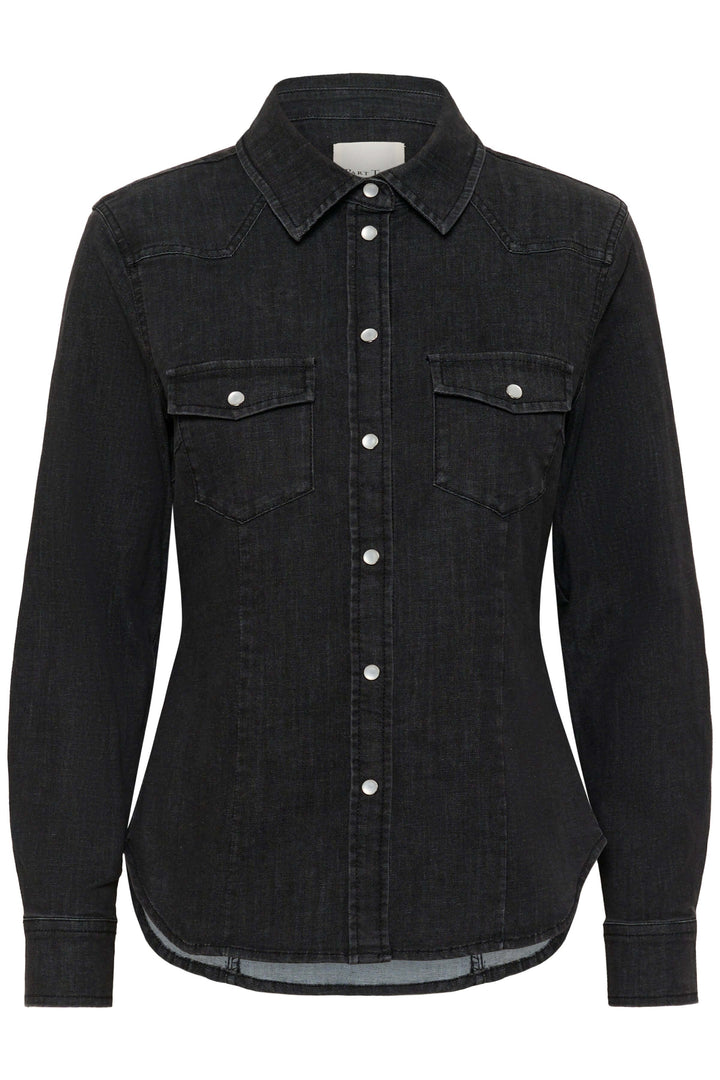 Veste Sanilla en denim noir, coupe ajustée, détails métalliques, poches à rabat, style western moderne et décontracté.