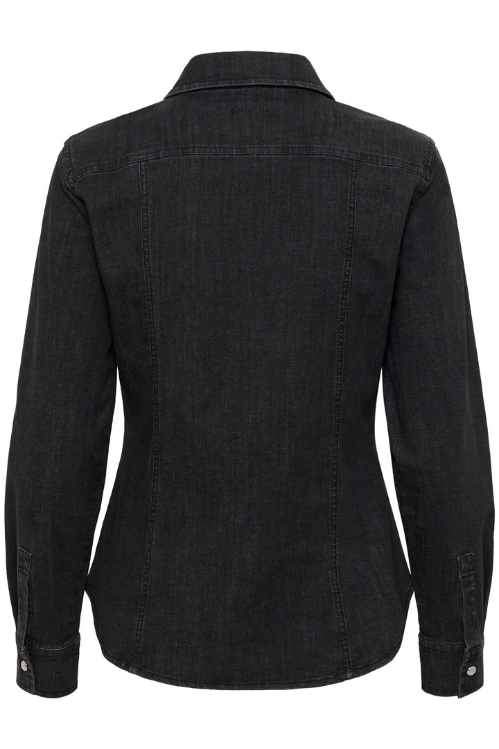 Veste Sanilla en denim noir ajusté avec détails métalliques et poches à rabat, vue arrière montrant la coupe flatteuse.