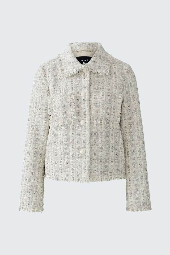 Veste en tweed à col chemise et boutons recouverts pour un style chic et intemporel.