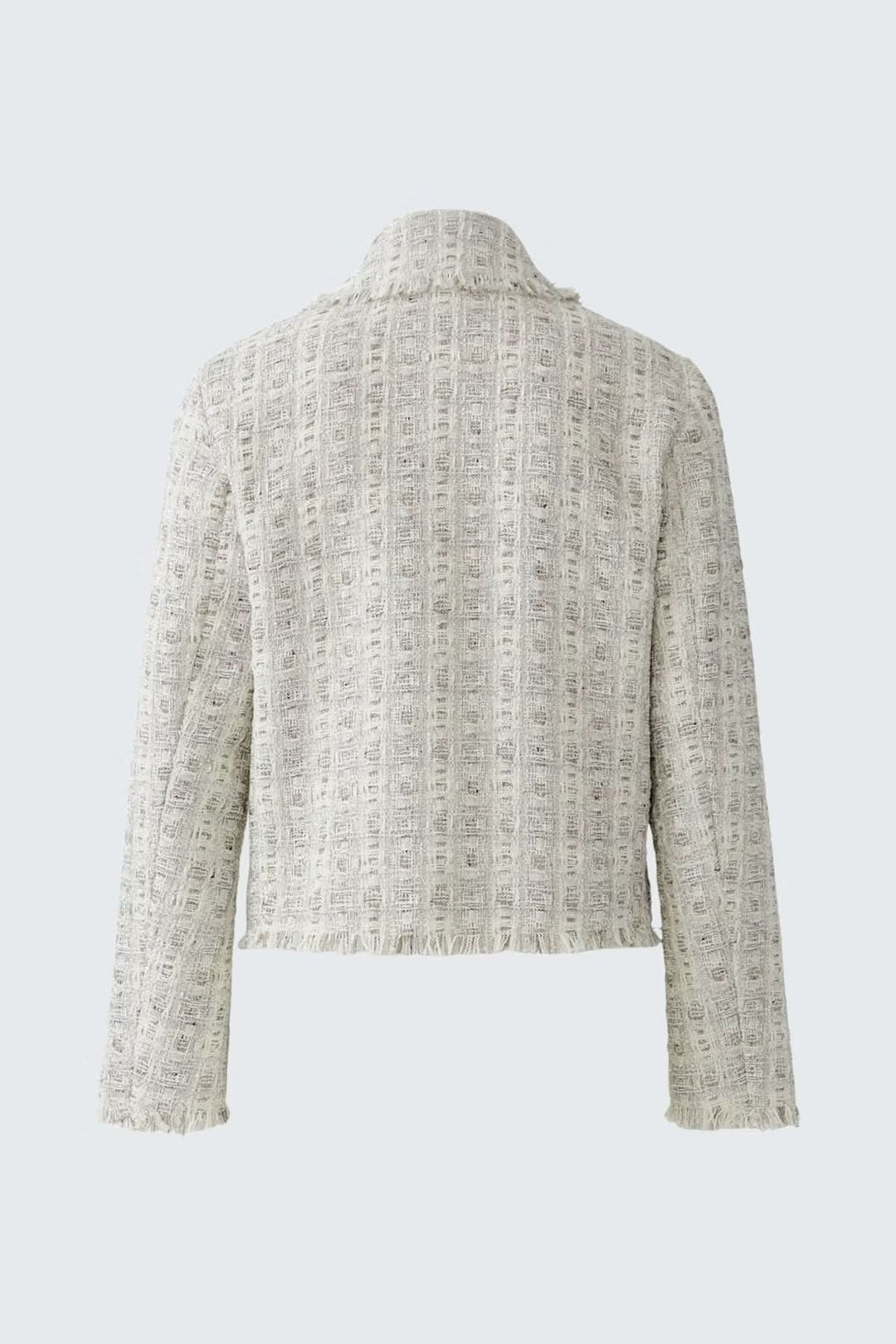 Veste en tweed élégante avec coupe droite et col chemise, boutons recouverts, vue arrière, finitons effilochées pour un style chic.