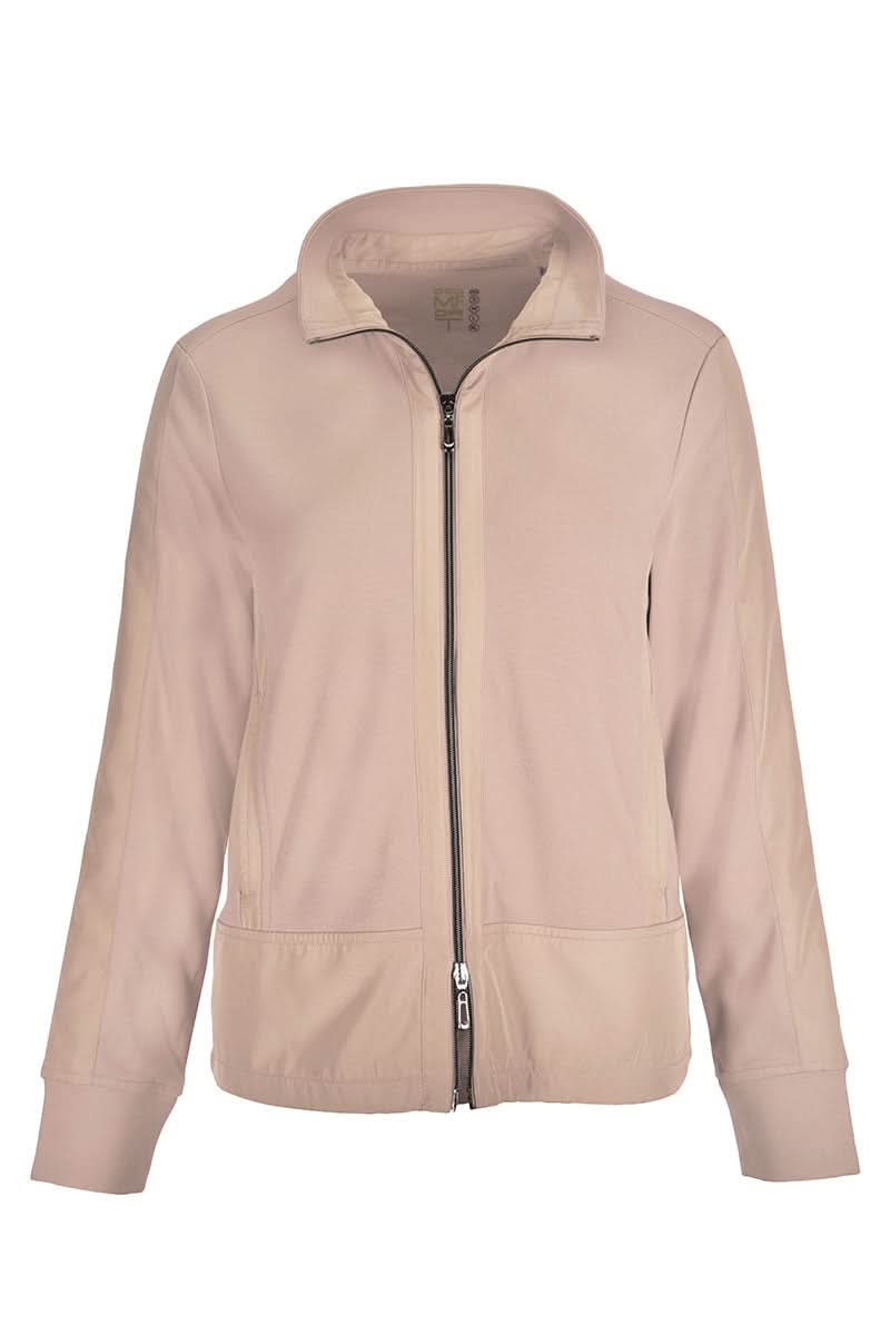 Veste zippée manches longues, coupe droite, col montant, couleur beige, fermeture éclair frontale, manches longues, style moderne.