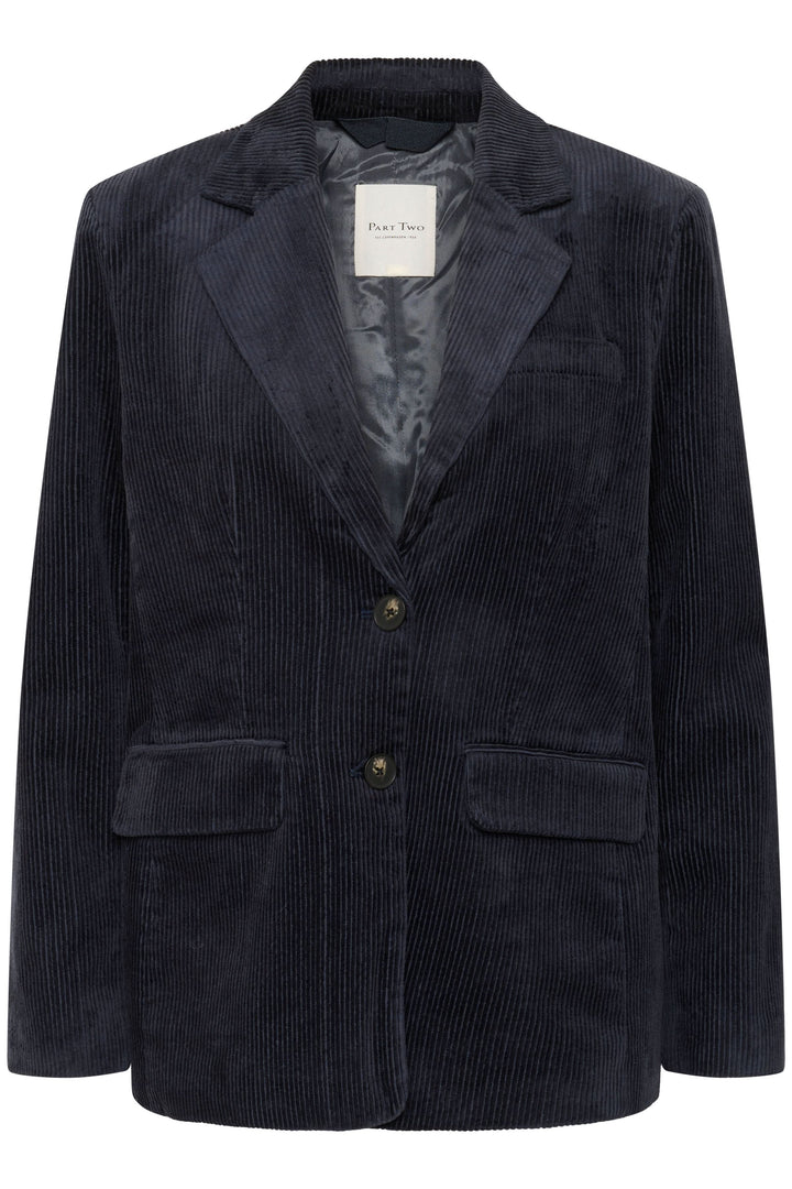 Veston Leni en velours côtelé bleu marine avec coupe ajustée et fermeture à deux boutons.