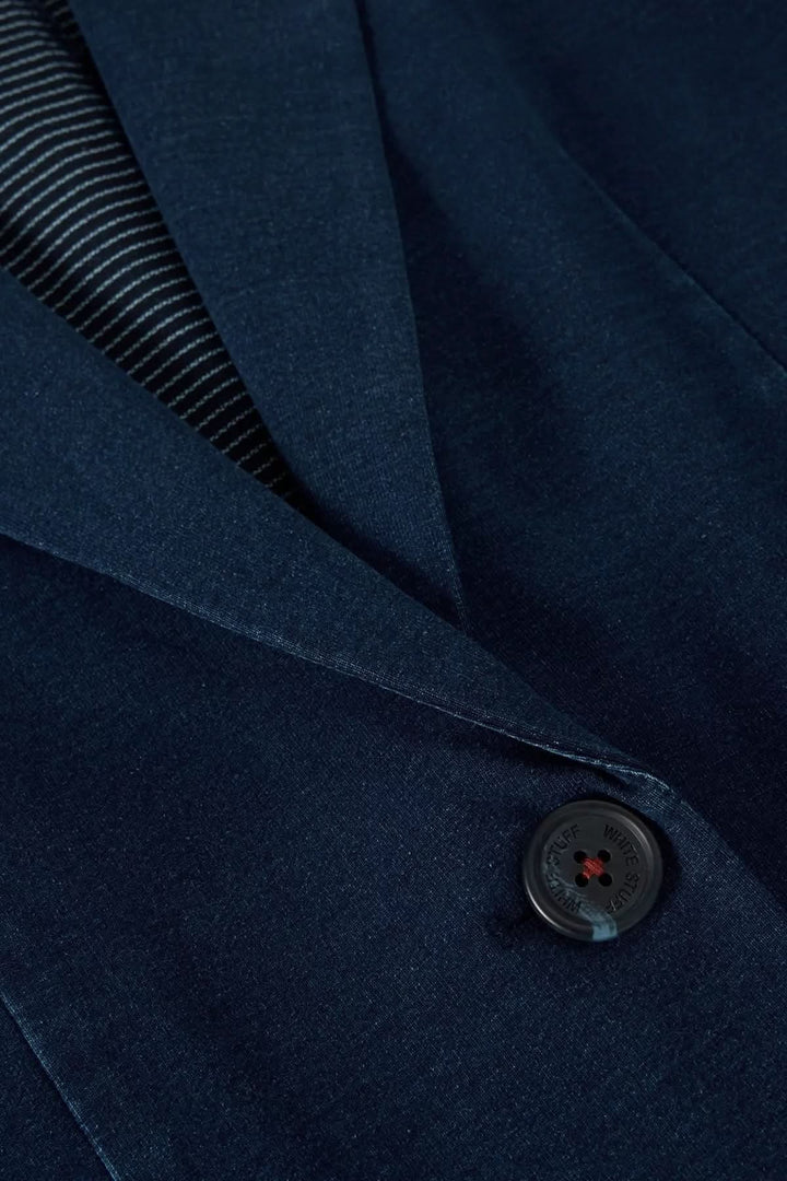 Veston décontracté en denim avec coupe droite et col tailleur, détail d&