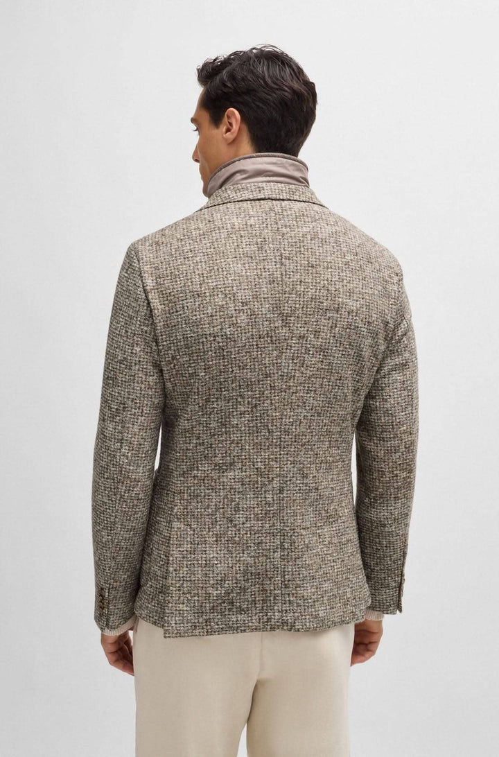 Veston texturé vu de dos avec encolure amovible, style élégant BOSS, coupe cintrée et tissu mélangé.