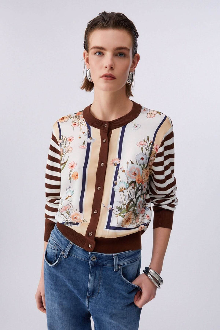 Long-sleeve cardigan with contrasting patterns