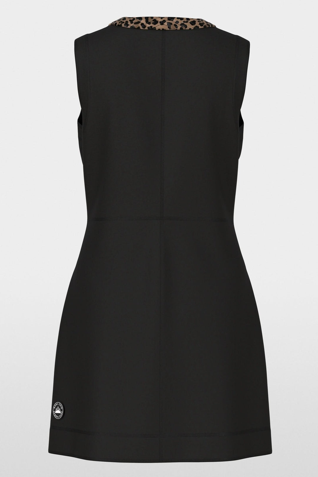 Robe sans manches noire avec détails léopard au col, coupe évasée, style chic et contemporain. Décris moi le produit en français.
